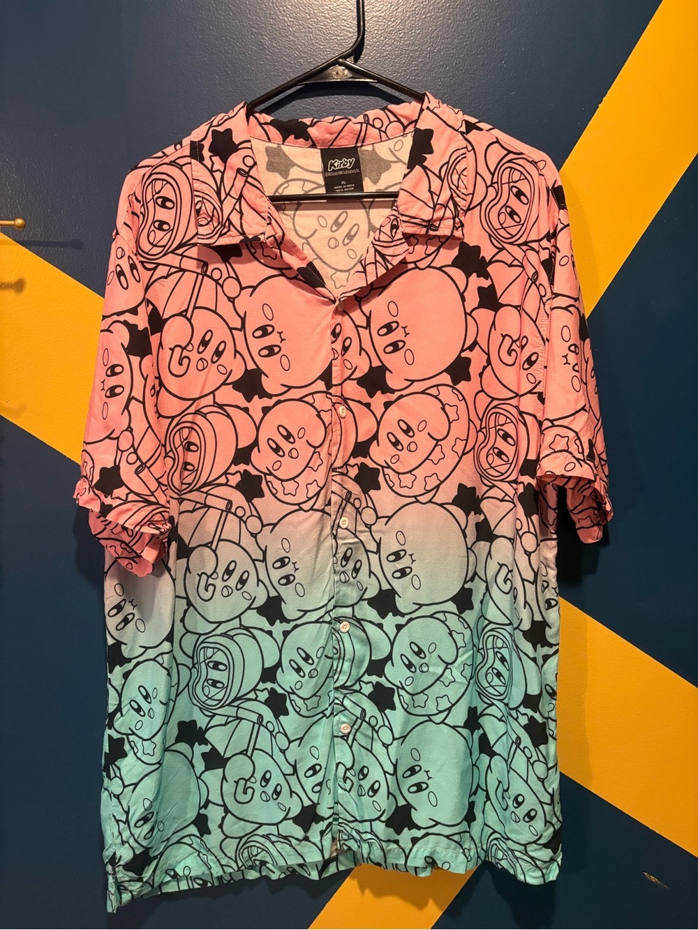 Kirby Pink & Aqua Short Sleeve Button Down Top EUC